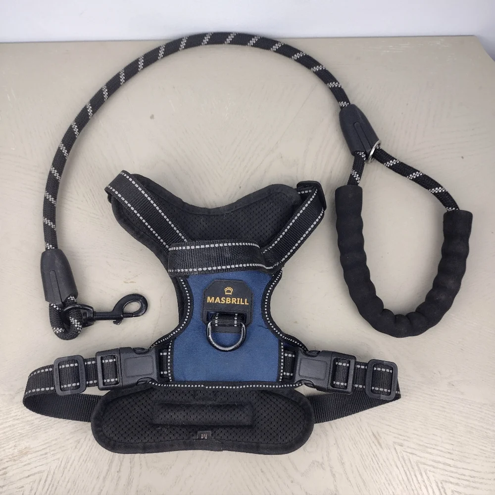 Masbrill Black and Blue Dog Harness with Leash Set size M